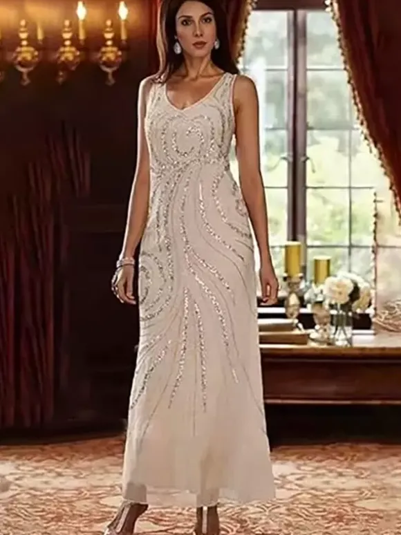 Robe de mère conçue décolleté manches longues deux pièces paillettes longueur cheville robes d'invité de mariage