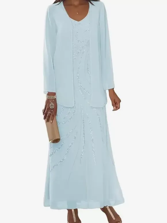 Robe de mère conçue décolleté manches longues deux pièces paillettes longueur cheville robes d'invité de mariage