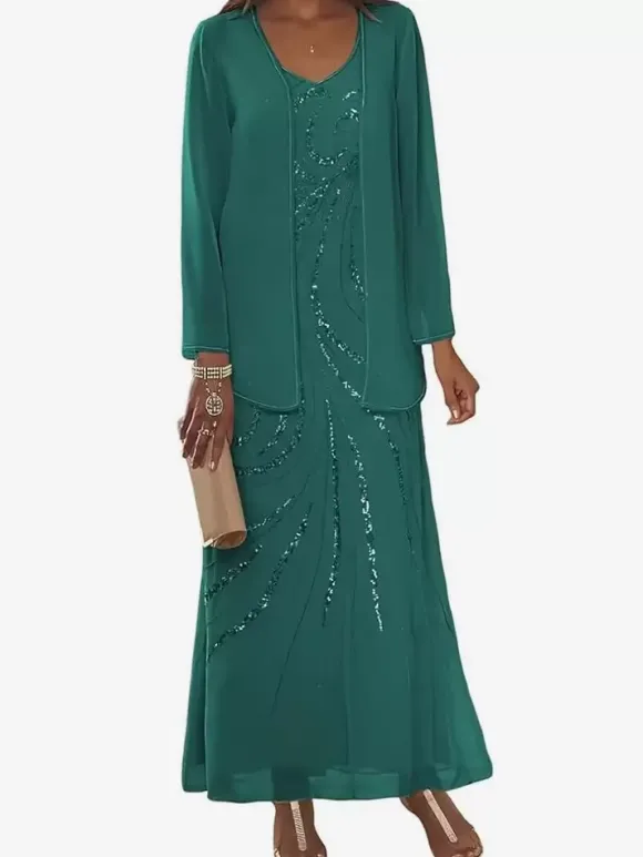 Robe de mère conçue décolleté manches longues deux pièces paillettes longueur cheville robes d'invité de mariage