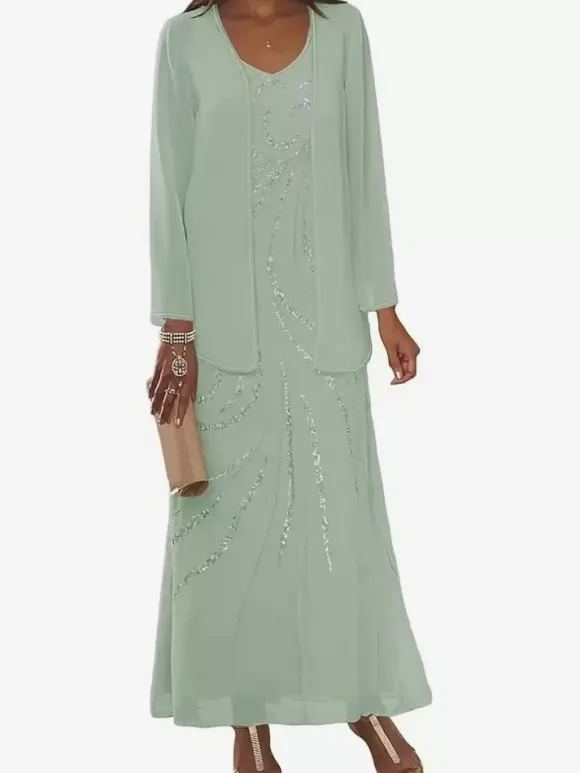 Robe de mère conçue décolleté manches longues deux pièces paillettes longueur cheville robes d'invité de mariage