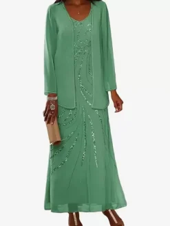 Robe de mère conçue décolleté manches longues deux pièces paillettes longueur cheville robes d'invité de mariage