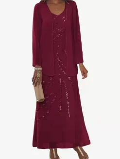 Robe de mère conçue décolleté manches longues deux pièces paillettes longueur cheville robes d'invité de mariage