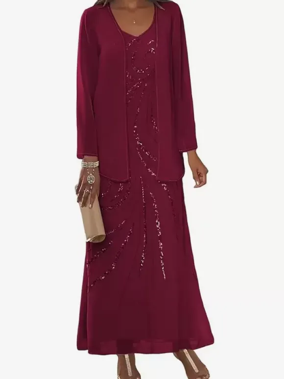 Robe de mère conçue décolleté manches longues deux pièces paillettes longueur cheville robes d'invité de mariage
