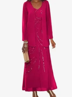 Robe de mère conçue décolleté manches longues deux pièces paillettes longueur cheville robes d'invité de mariage