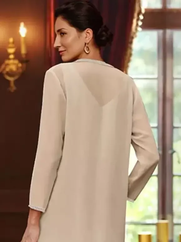 Robe de mère conçue décolleté manches longues deux pièces paillettes longueur cheville robes d'invité de mariage