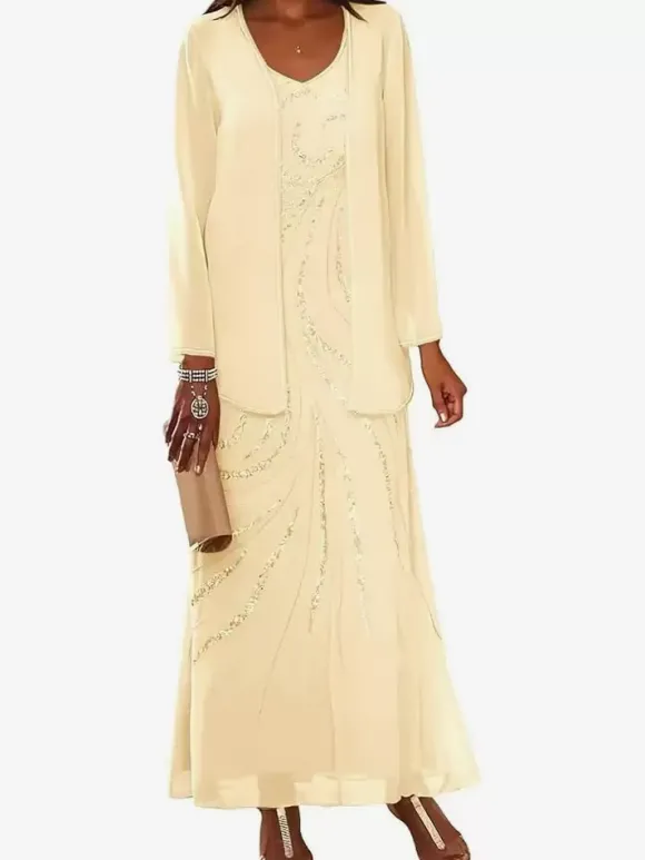 Robe de mère conçue décolleté manches longues deux pièces paillettes longueur cheville robes d'invité de mariage