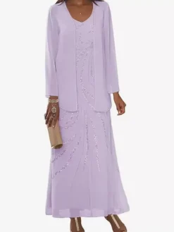 Robe de mère conçue décolleté manches longues deux pièces paillettes longueur cheville robes d'invité de mariage