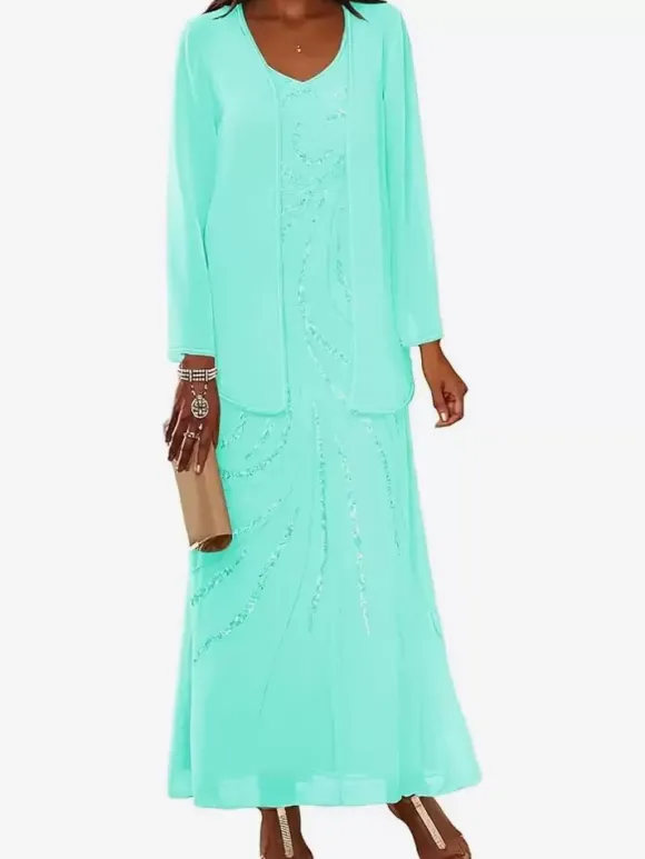 Robe de mère conçue décolleté manches longues deux pièces paillettes longueur cheville robes d'invité de mariage