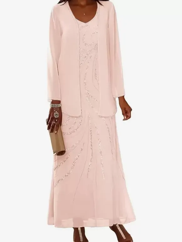 Robe de mère conçue décolleté manches longues deux pièces paillettes longueur cheville robes d'invité de mariage