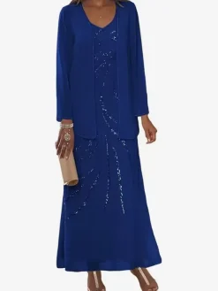 Robe de mère conçue décolleté manches longues deux pièces paillettes longueur cheville robes d'invité de mariage