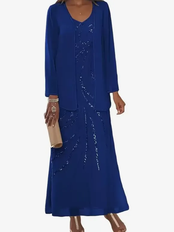 Robe de mère conçue décolleté manches longues deux pièces paillettes longueur cheville robes d'invité de mariage