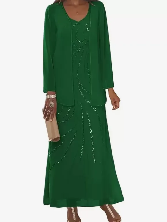 Robe de mère conçue décolleté manches longues deux pièces paillettes longueur cheville robes d'invité de mariage