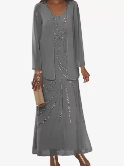 Robe de mère conçue décolleté manches longues deux pièces paillettes longueur cheville robes d'invité de mariage