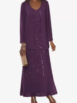 Robe de mère conçue décolleté manches longues deux pièces paillettes longueur cheville robes d'invité de mariage