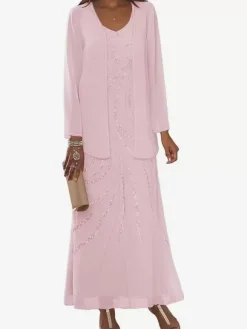 Robe de mère conçue décolleté manches longues deux pièces paillettes longueur cheville robes d'invité de mariage