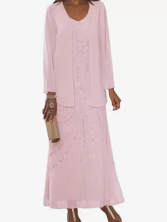 Robe de mère conçue décolleté manches longues deux pièces paillettes longueur cheville robes d'invité de mariage