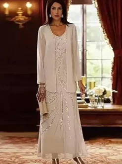 Robe de mère conçue décolleté manches longues deux pièces paillettes longueur cheville robes d'invité de mariage