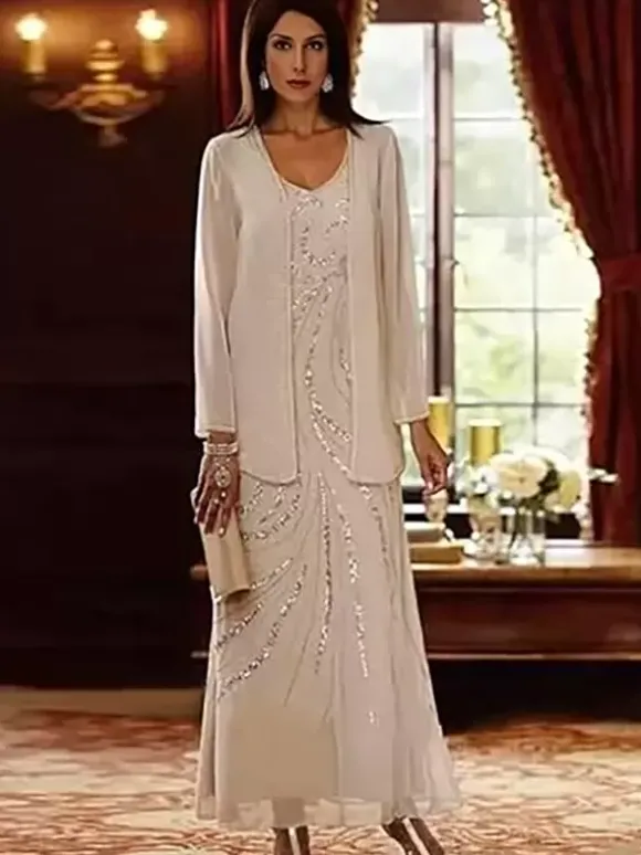 Robe de mère conçue décolleté manches longues deux pièces paillettes longueur cheville robes d'invité de mariage