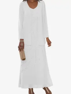 Robe de mère conçue décolleté manches longues deux pièces paillettes longueur cheville robes d'invité de mariage