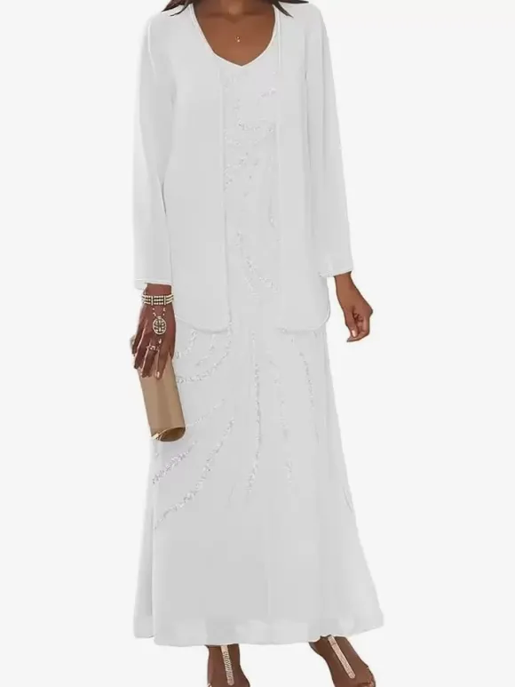 Robe de mère conçue décolleté manches longues deux pièces paillettes longueur cheville robes d'invité de mariage