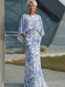Robe de mère de la mariée col bijou manches 3/4 robe de bal plissée avec traîne robe d'invitée de mariage