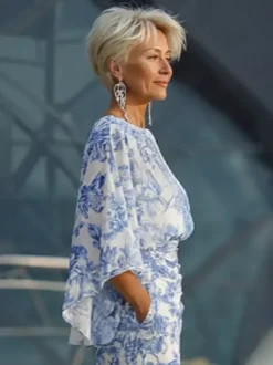 Robe de mère de la mariée col bijou manches 3/4 robe de bal plissée avec traîne robe d'invitée de mariage