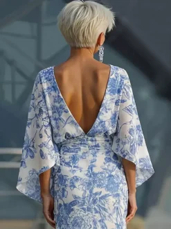 Robe de mère de la mariée col bijou manches 3/4 robe de bal plissée avec traîne robe d'invitée de mariage