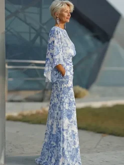 Robe de mère de la mariée col bijou manches 3/4 robe de bal plissée avec traîne robe d'invitée de mariage