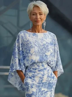 Robe de mère de la mariée col bijou manches 3/4 robe de bal plissée avec traîne robe d'invitée de mariage