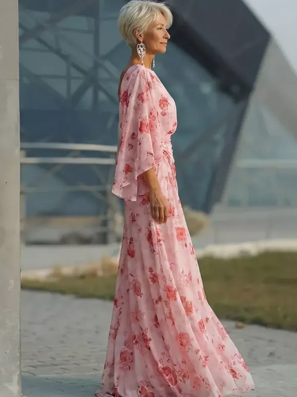 Robe de mère de la mariée col bijou manches 3/4 robe de bal plissée robe d'invitée de mariage