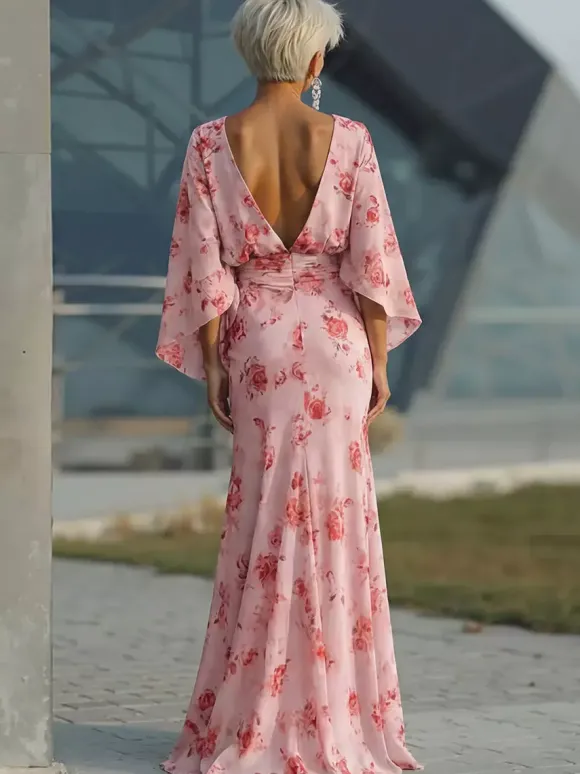 Robe de mère de la mariée col bijou manches 3/4 robe de bal plissée robe d'invitée de mariage