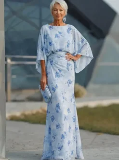 Robe de mère de la mariée col bijou manches 3/4 robe de bal plissée robe d'invitée de mariage