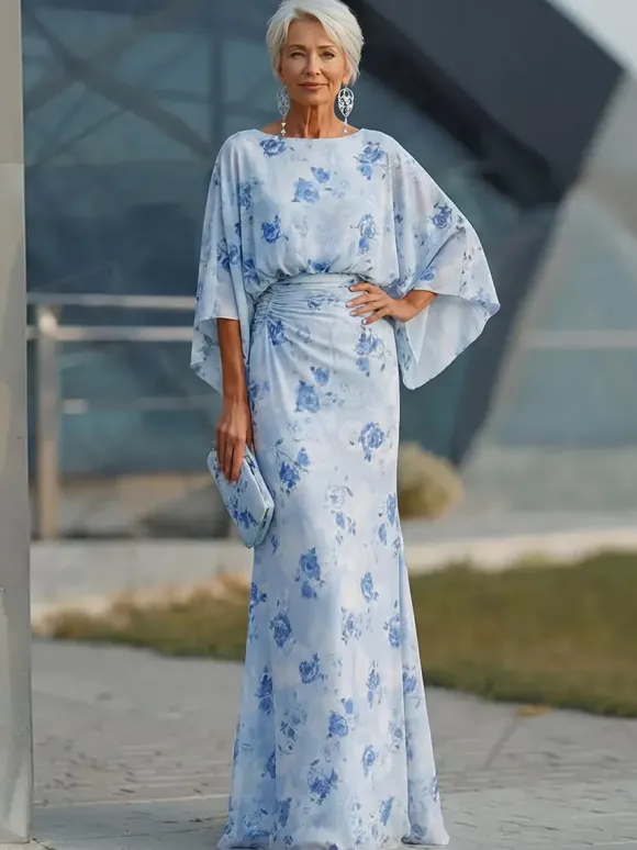 Robe de mère de la mariée col bijou manches 3/4 robe de bal plissée robe d'invitée de mariage