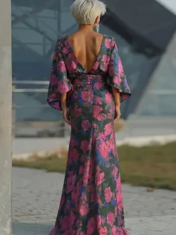 Robe de mère de la mariée col bijou manches 3/4 robe de bal fleurie avec traîne robe d'invitée pour un mariage