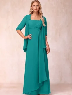 Robe de mère de la mariée col carré manches mi-longues deux pièces plissées robe d'invitée pour mariage
