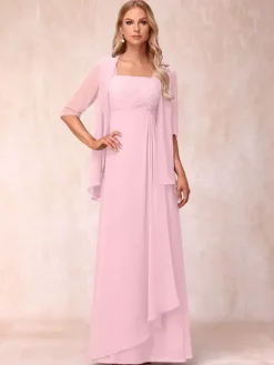 Robe de mère de la mariée col carré manches mi-longues deux pièces plissées robe d'invitée pour mariage