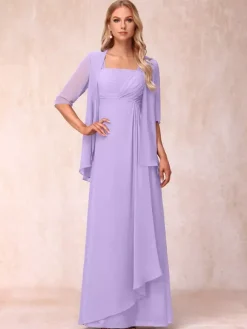 Robe de mère de la mariée col carré manches mi-longues deux pièces plissées robe d'invitée pour mariage