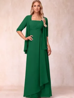 Robe de mère de la mariée col carré manches mi-longues deux pièces plissées robe d'invitée pour mariage