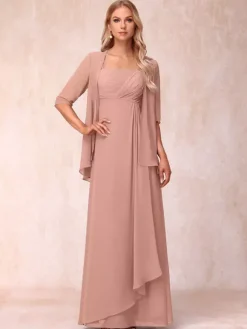 Robe de mère de la mariée col carré manches mi-longues deux pièces plissées robe d'invitée pour mariage