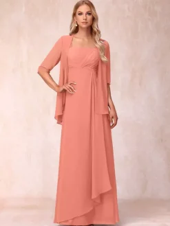 Robe de mère de la mariée col carré manches mi-longues deux pièces plissées robe d'invitée pour mariage