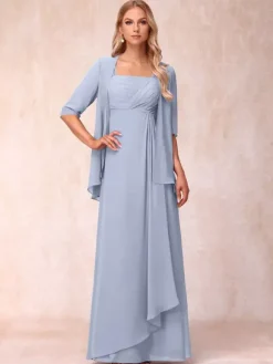 Robe de mère de la mariée col carré manches mi-longues deux pièces plissées robe d'invitée pour mariage