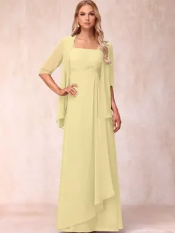 Robe de mère de la mariée col carré manches mi-longues deux pièces plissées robe d'invitée pour mariage