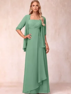 Robe de mère de la mariée col carré manches mi-longues deux pièces plissées robe d'invitée pour mariage