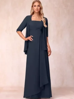 Robe de mère de la mariée col carré manches mi-longues deux pièces plissées robe d'invitée pour mariage