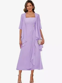 Robe de mère de la mariée col carré manches mi-longues deux pièces plissées robe d'invitée pour mariage