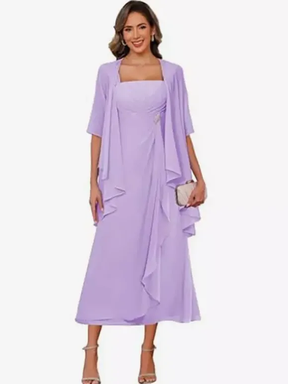 Robe de mère de la mariée col carré manches mi-longues deux pièces plissées robe d'invitée pour mariage