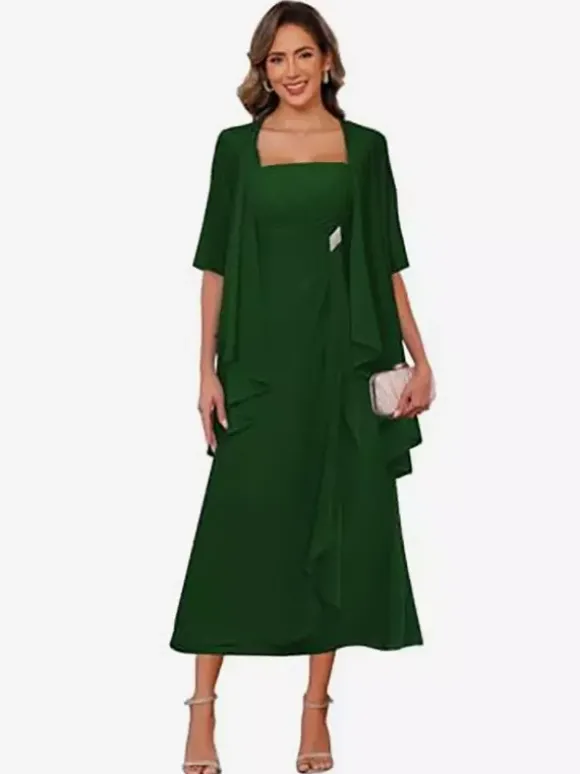 Robe de mère de la mariée col carré manches mi-longues deux pièces plissées robe d'invitée pour mariage