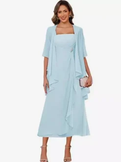 Robe de mère de la mariée col carré manches mi-longues deux pièces plissées robe d'invitée pour mariage