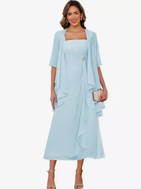 Robe de mère de la mariée col carré manches mi-longues deux pièces plissées robe d'invitée pour mariage