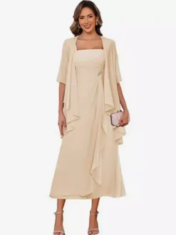 Robe de mère de la mariée col carré manches mi-longues deux pièces plissées robe d'invitée pour mariage